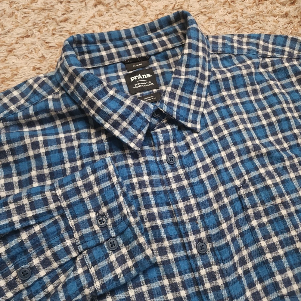 prAna‎ Blue Plaid Mens L Slim Fit Long Sleeve Button Up Casual Shirt